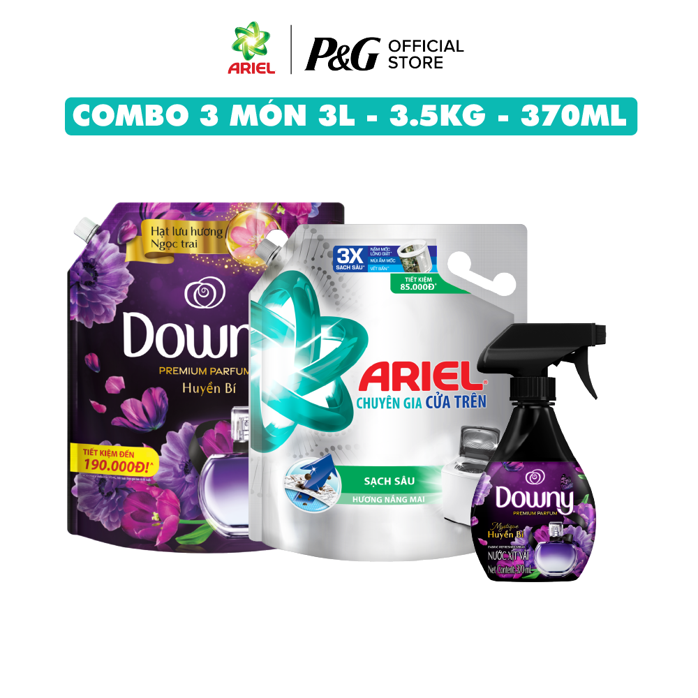 Combo 3 món nước giặt ariel sạch nhanh túi 3.5kg + nước xả vải downy hương huyền bí túi 3l+ xịt vải downy hương huyền bí chai 370ml