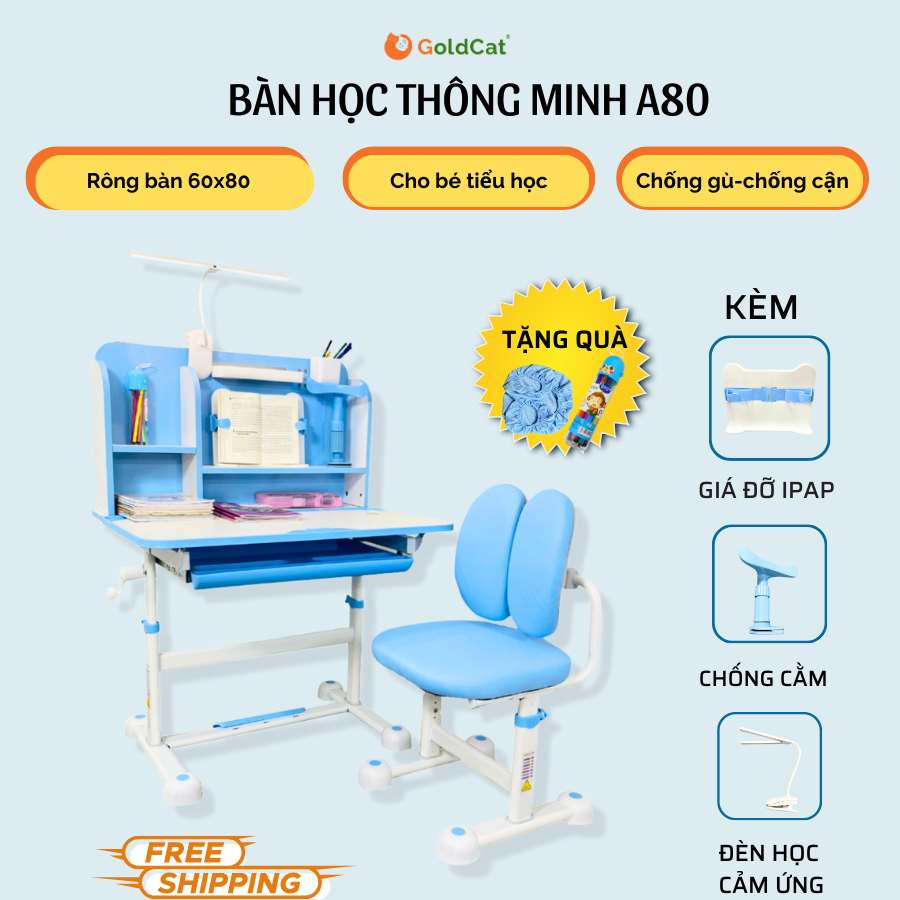 Bàn ghế học sinh thông minh chống gù chống cận cho bé kèm giá sách, đèn học Goldcat A80