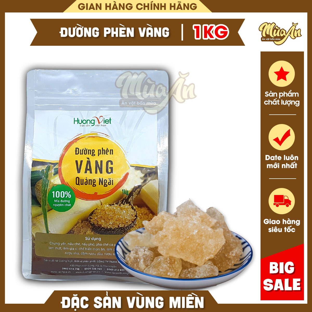 Đường phèn Quảng Ngãi 1kg, đường ngon tự nhiên làm từ mật mía không tẩy trắng