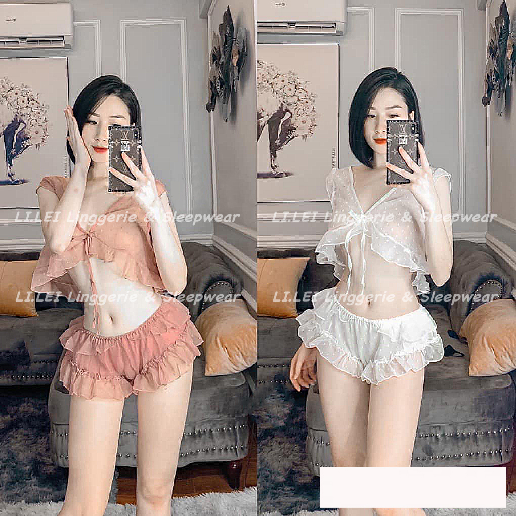 Bộ ngủ sexy chấm bi dễ thương dây cài quảng châu #ht34