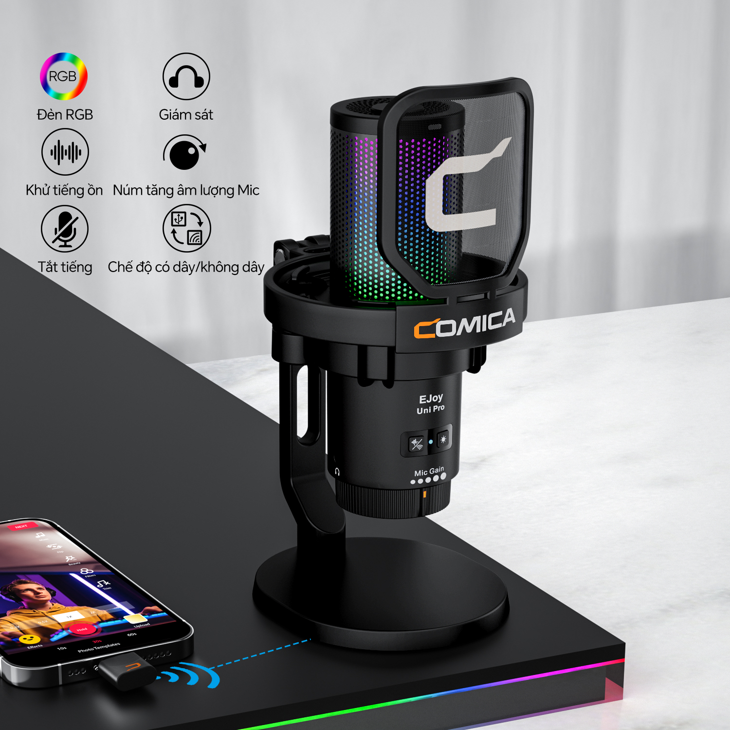 COMICA Uni Pro USB không dây Micro chơi game cho máy tính máy tính xách tay điện thoại thông minh khử tiếng ồn Mic Điện dung có đèn RGB, tắt tiếng, tăng cho phát trực tuyến, ghi âm, podcast, trò chuyện, co giật, Youtube, bất hòa, máy tính, ps5, PS4, game