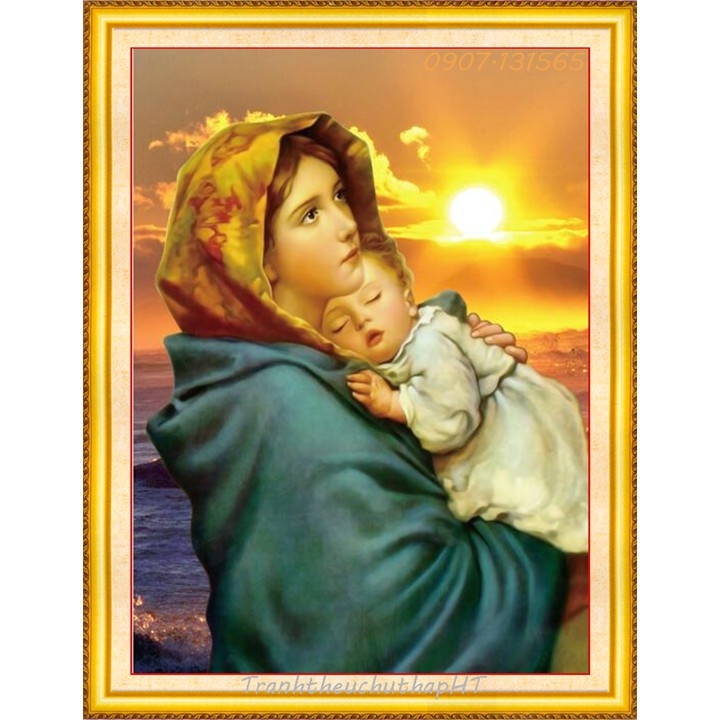 Tranh đính đá Đức mẹ Maria bồng con 50x66cm