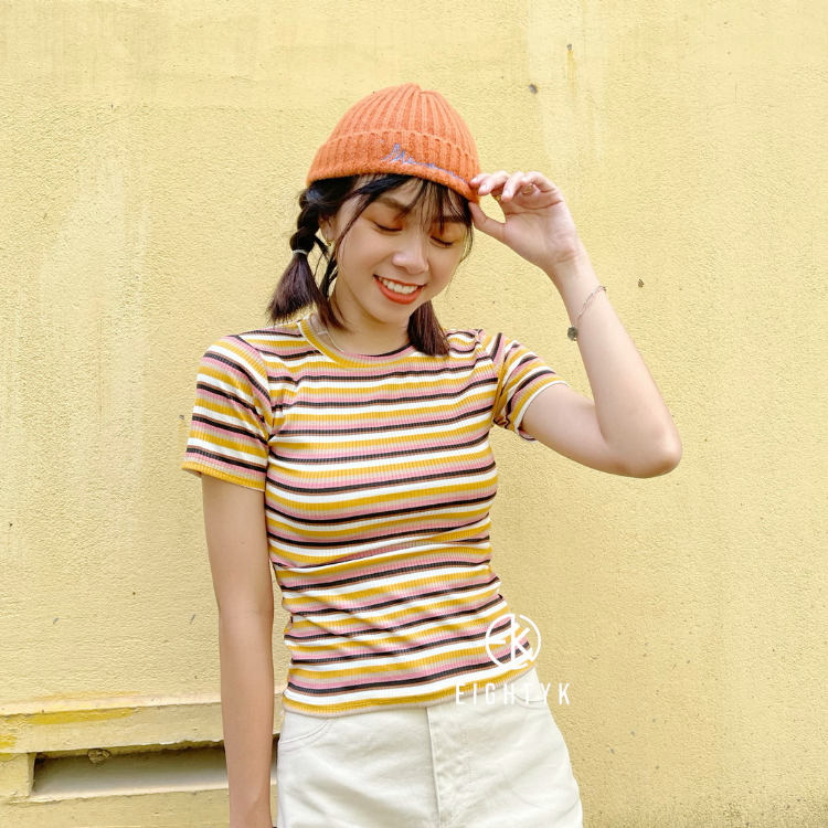Áo thun tay ngắn phối sọc nâu vintage form dài