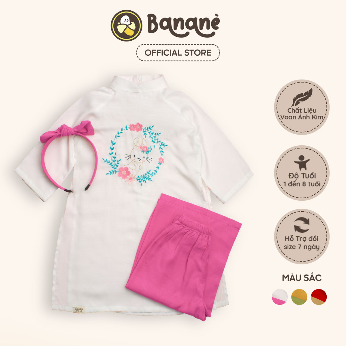 Áo dài cách tân bé gái BST Xuân Nhi Bananè Kids áo dài trắng thêu thỏ kèm bờm nơ cài đầu - AD01T