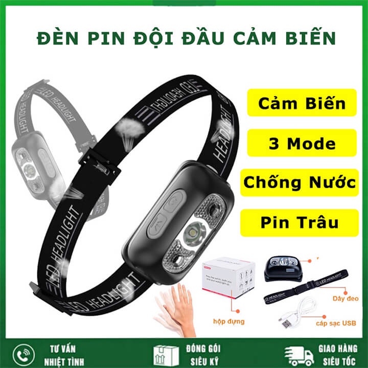Đèn pin đội đầu siêu sáng cảm ứng bằng tay 1 bóng LED, chống thấm nước IPX6, đèn đeo trán cảm biến pin trâu