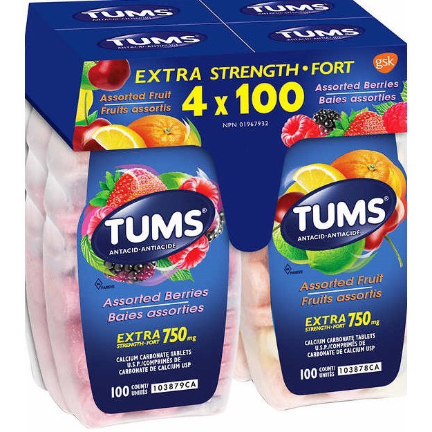 Kẹo nhai giúp hỗ trợ tiêu hóa Tums Extra Strength 100 viên vị trái cây. Hạn sử dụng 2026