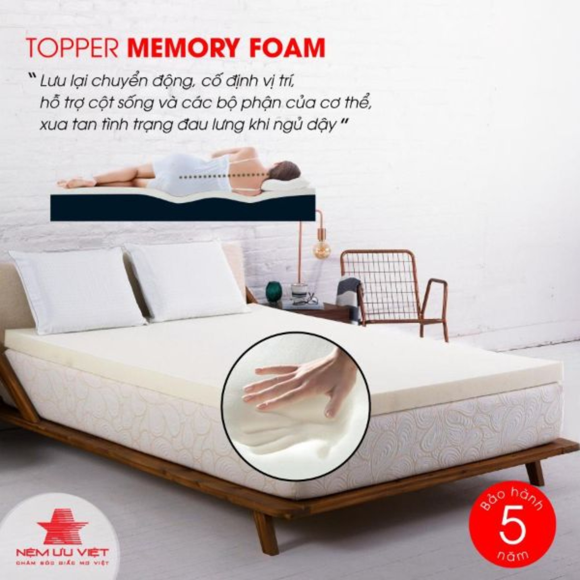 Chăn ga gối nệm Nệm tăng tiện nghi Memory Foam Ưu Việt 1m6x2mx5cm / 1m8x2mx5cm