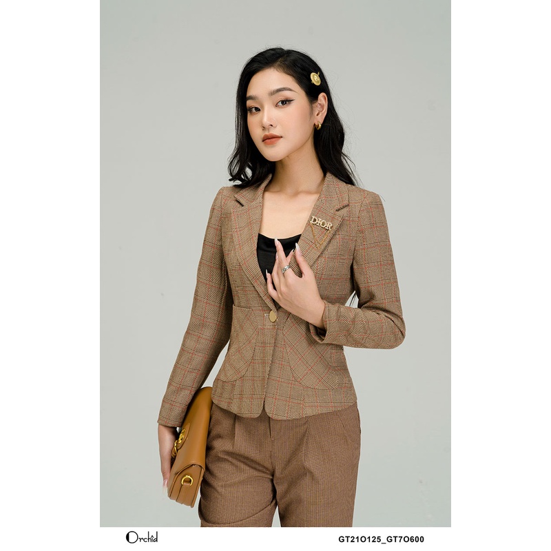 Áo khoác dạ tweed kèm tag cao cấp- Họa tiết kẻ nâu Orchid GT21O125