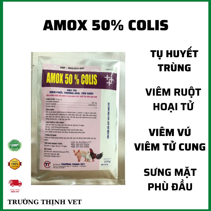  Amox 50% Colistin 100gam. Viêm ruột hoại tử thương hàn tụ huyết trùng,.. Thú y Trường Thịnh 
