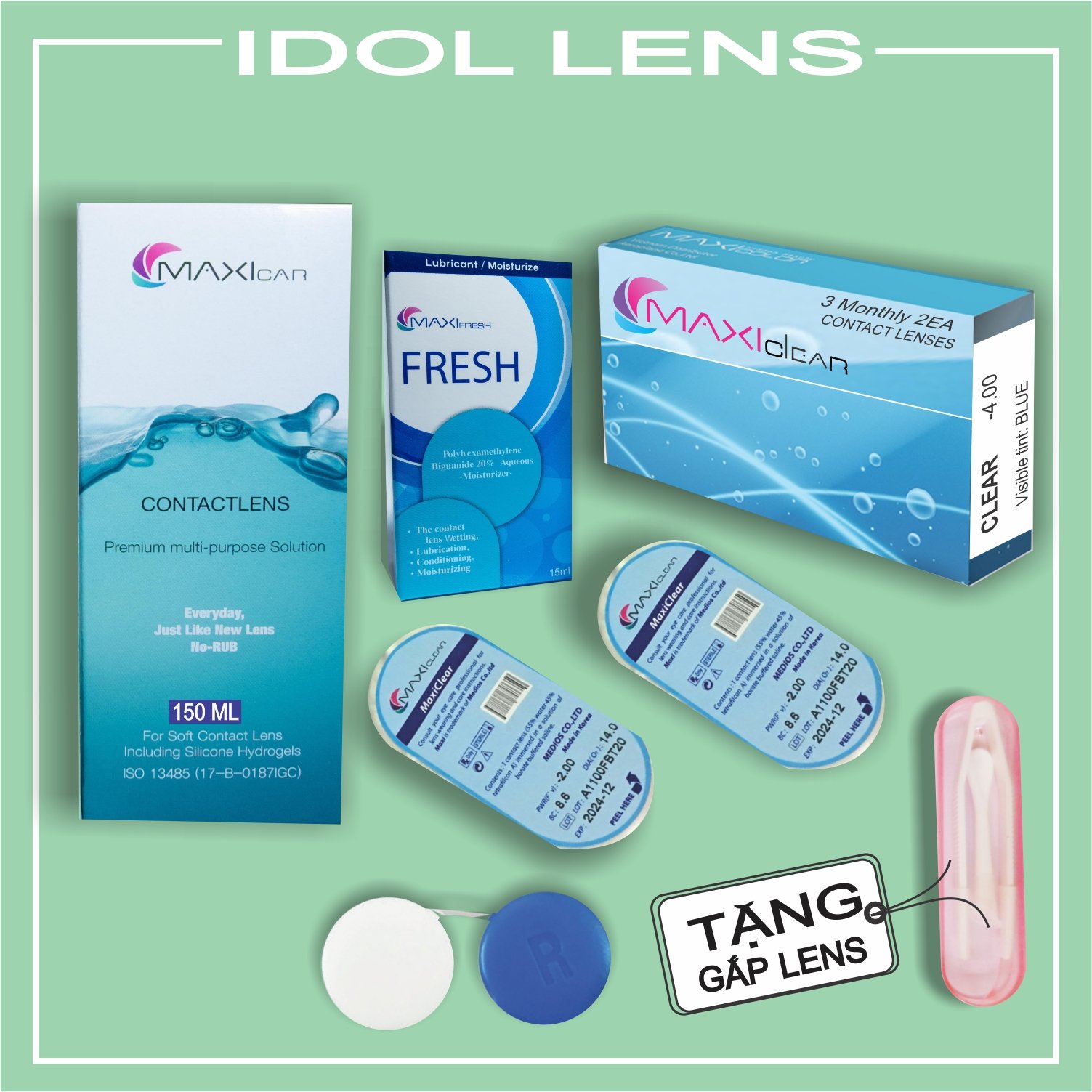 [HCM]Bộ lens cận/ kính áp tròng cận không màu 3 THÁNG dung dịch ngâm lens150ml, dung dịch nhỏ mắt MAXI
