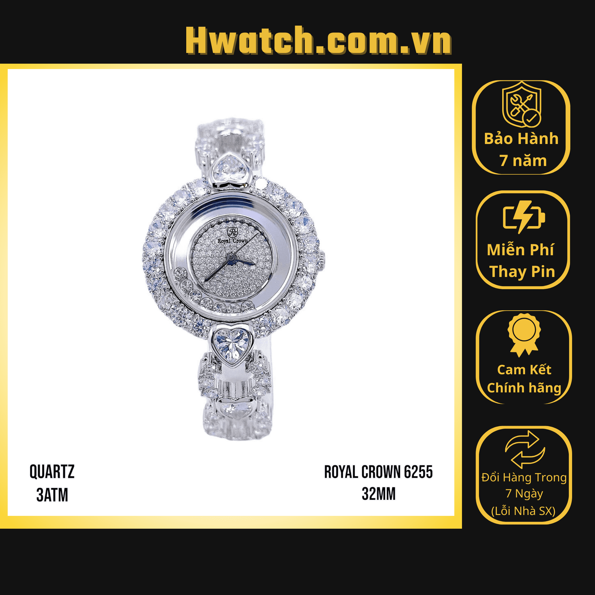 Đồng Hồ Nữ Royal Pin 6255 Dây Thép Trắng Mặt Trắng Viền Đá