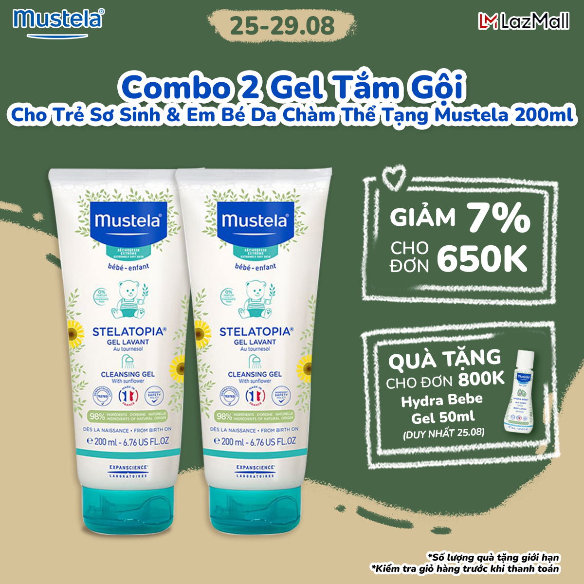 Combo 2 sữa tắm gội cho trẻ sơ sinh & trẻ em da chàm mustela 200ml