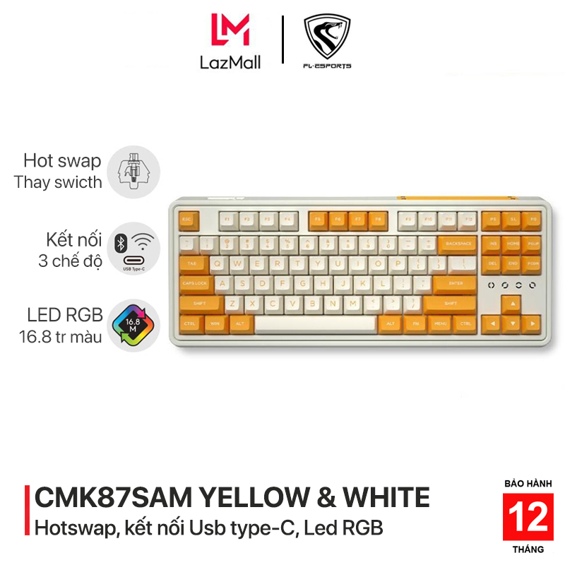 Bàn phím cơ chơi game không dây FL-Esports CMK87SAM Yellow & White  3 Mode Wireless RGB - Hotswap - Led RGB - 3 chế độ kết nối - Kailh Box switch - Hàng chính hãng
