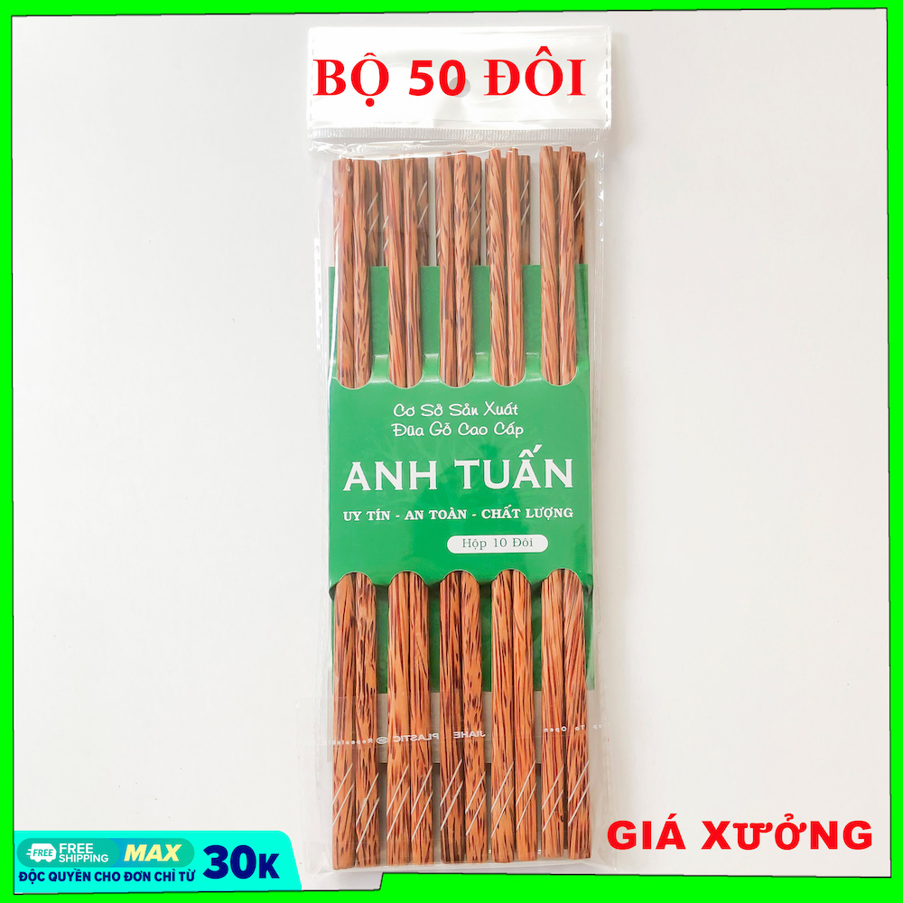 Bộ 50 đôi đũa KHẢM đũa ăn cơm cao cấp đũa ăn gỗ DỪA, đũa đẹp tự nhiên không hoá chất, không cong vênh, chống mốc, kháng khuẩn