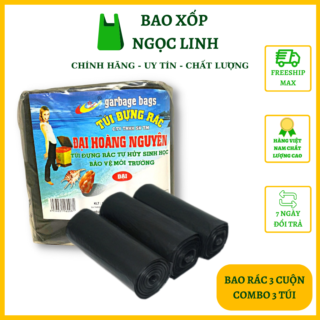 [FREESHIP]Túi Đựng Rác Đen Đại Hoàng Nguyên Bao Xốp Ngọc Linh A7 Bao rác xé tự hủy sinh học loại tiểu trung đại, 1kg 3 cuộn bảo vệ môi trường