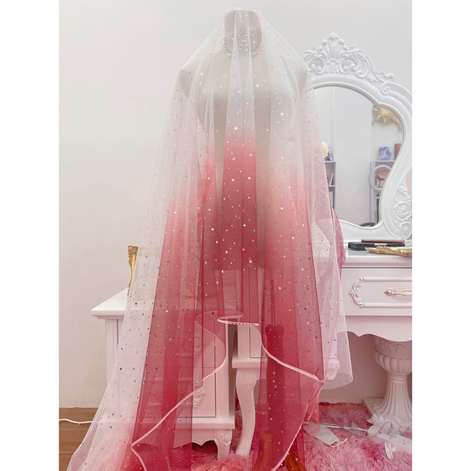 Vải lưới đính trăng sao lấp lánh ombre loang màu