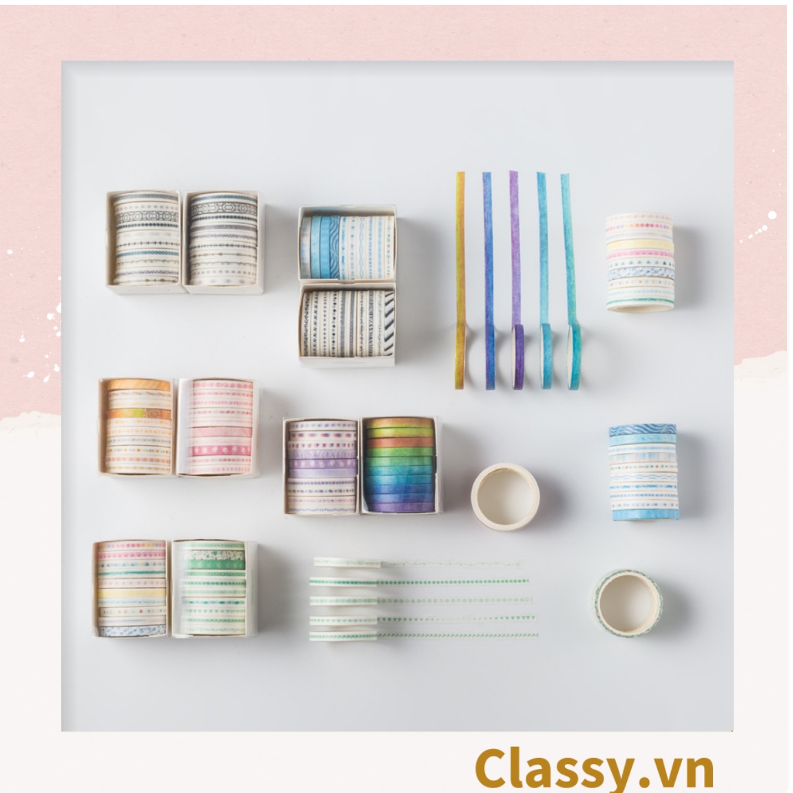 Classy Hộp 10 cuộn băng keo trang trí mini nhiều họa tiết dễ thương PK1272