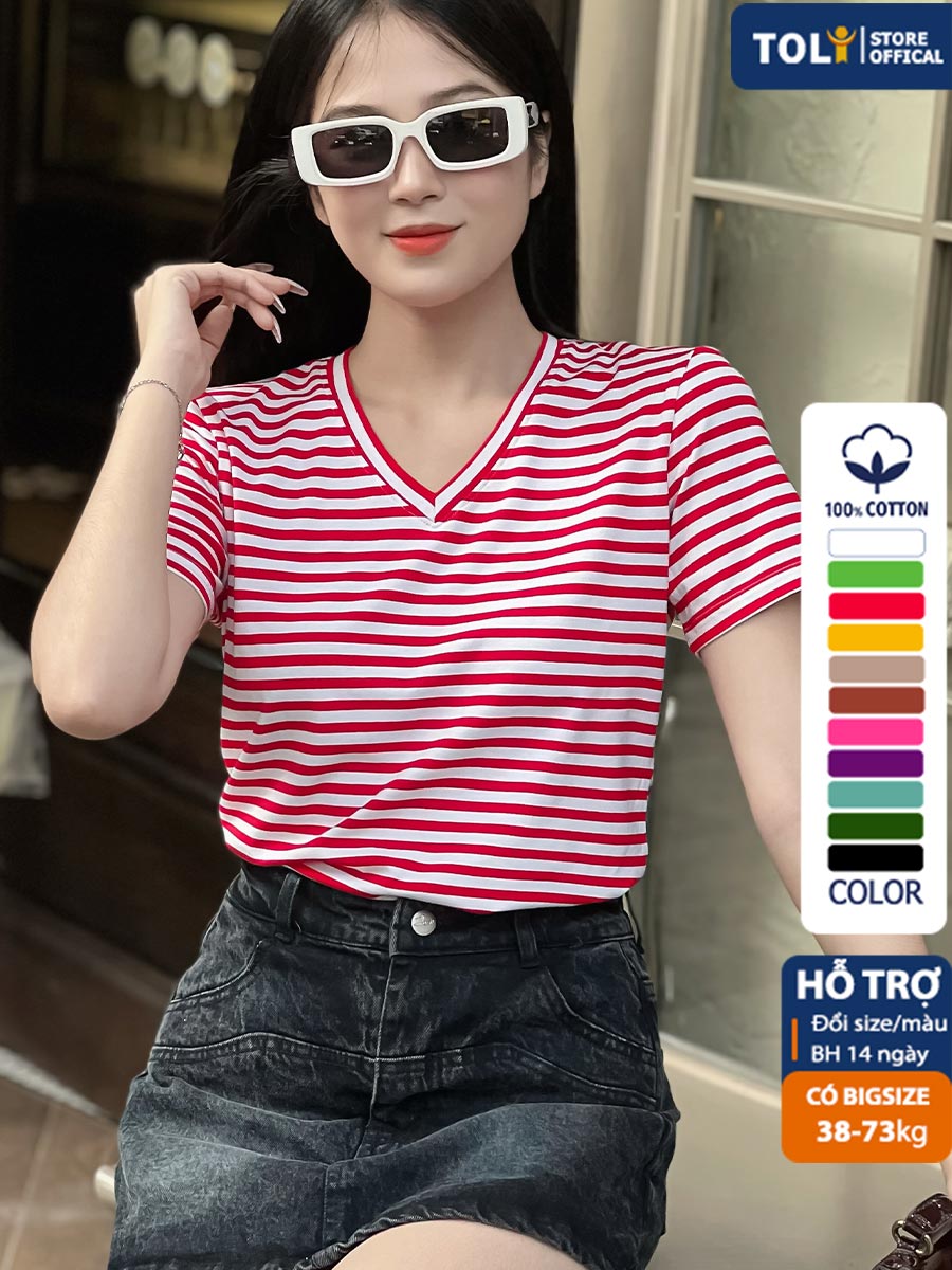 Áo thun cổ tim nữ TOLI sọc kẻ ngang, vải cotton 4 chiều mềm mịn, dáng suông ôm vừa, đủ size [Ti-16A]