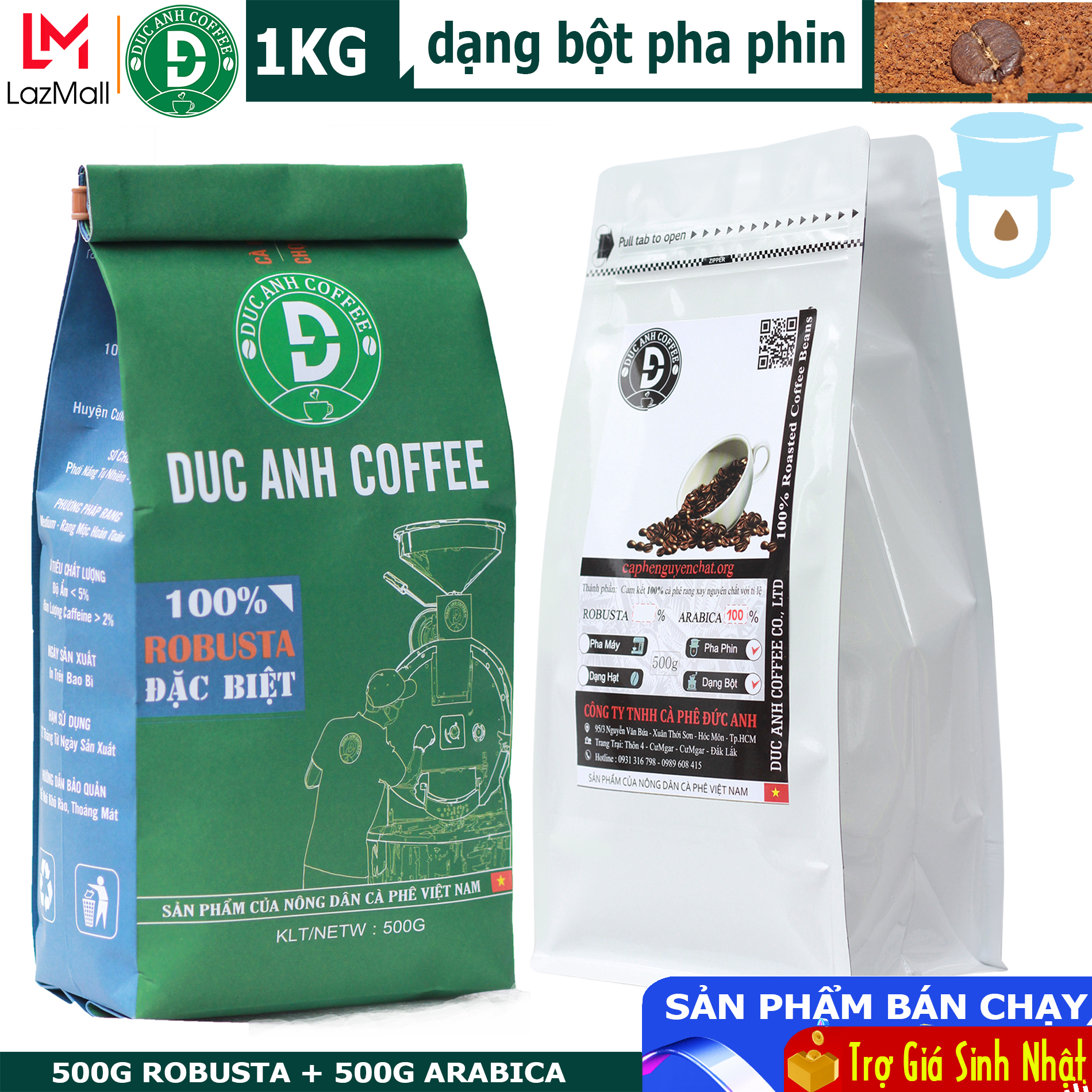 Combo gói Robusta + gói Arabica Rang Mộc Hoàn Toàn ( Mỗi gói 500g) - Dạng Bột Pha Phin - Thương hiệu nội địa DUC ANH COFFEE - giao hàng nhanh chóng, sản phẩm được bán trực tiếp từ nông trại - cafe rang xay pha phin