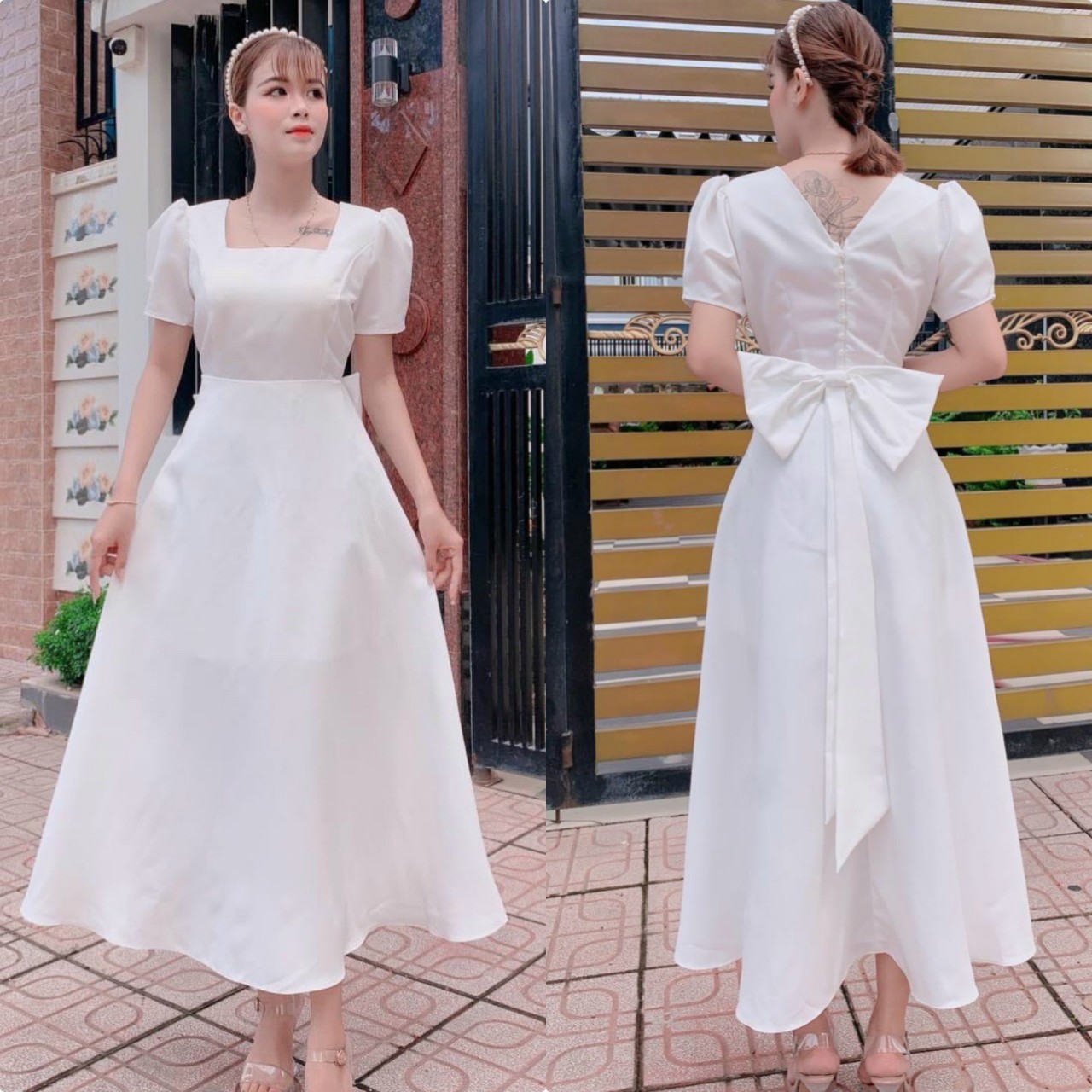 Váy đầm tiểu thư tay phồng cổ vuông kiểu dáng xòe dài đính nơ eo đẹp lung linh