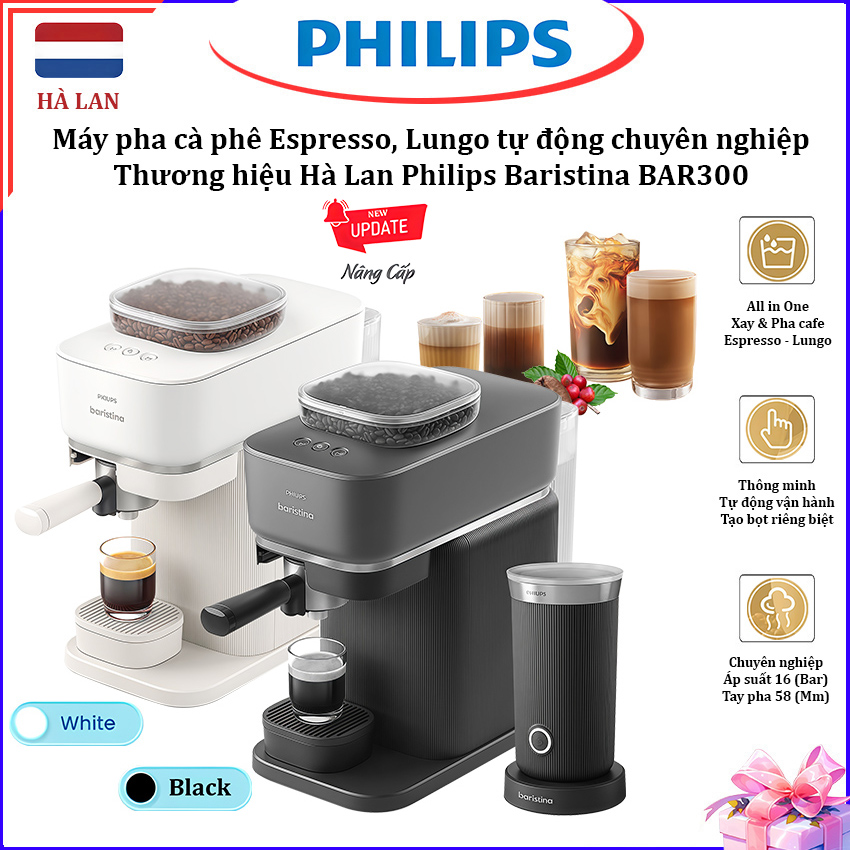 HÀNG CHÍNH HÃNG - Combo máy pha và máy tạo bọt cà phê Espresso, Lungo tự động chuyên nghiệp. Thương hiệu Hà Lan cao cấp Philips Baristina BAR300 - BAR311