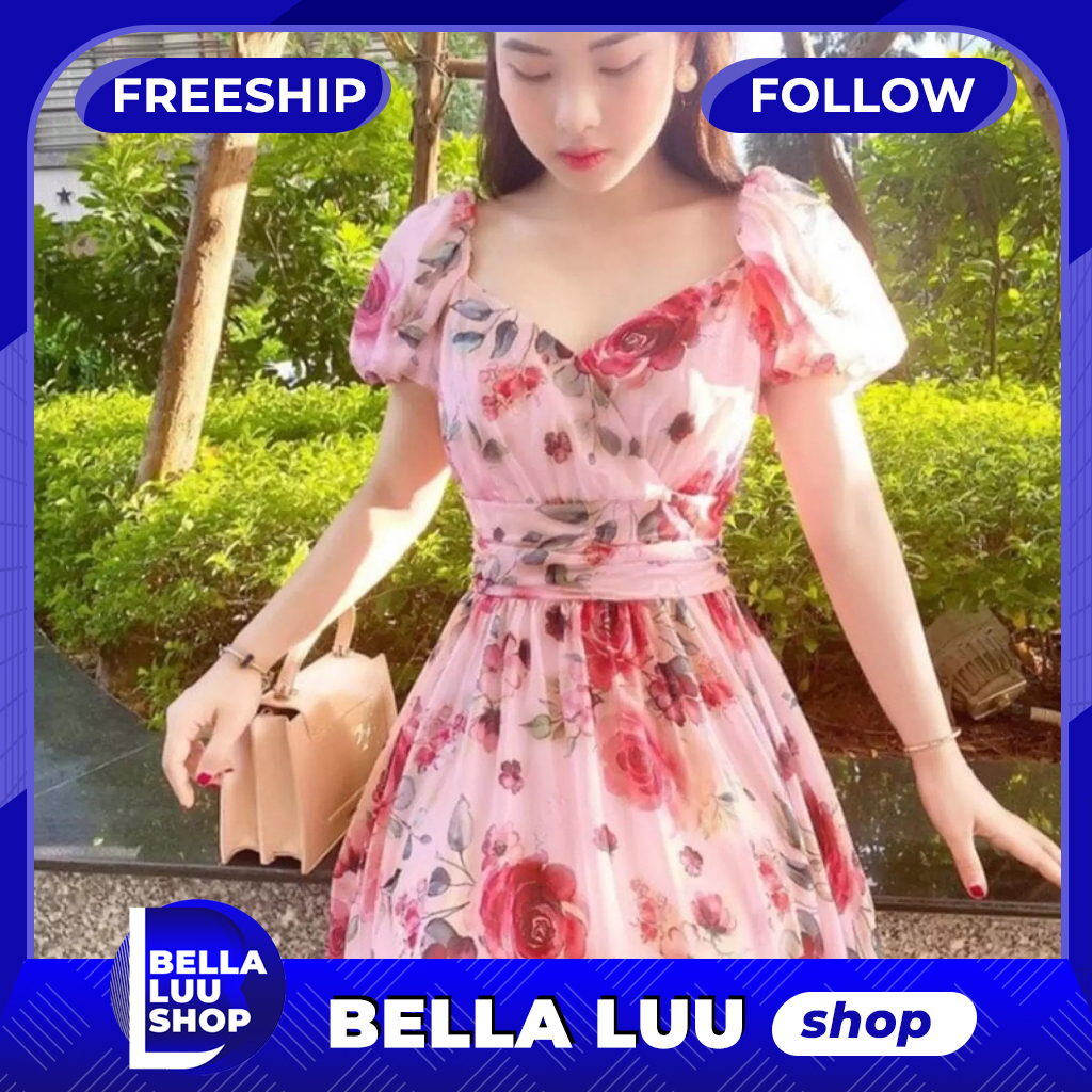 Đầm nữ hoa hồng tay phồng xếp ly thời trang bella luu shop