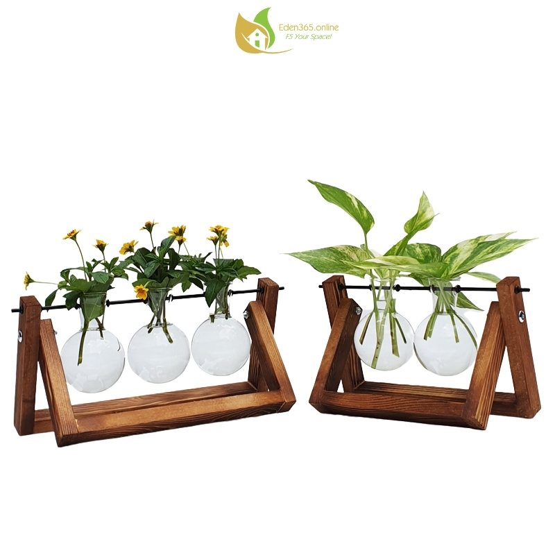 Bộ bình hoa thủy tinh treo giá gỗ phong cách retro, bình trồng cây thủy sinh, trang trí ban làm việc - Eden