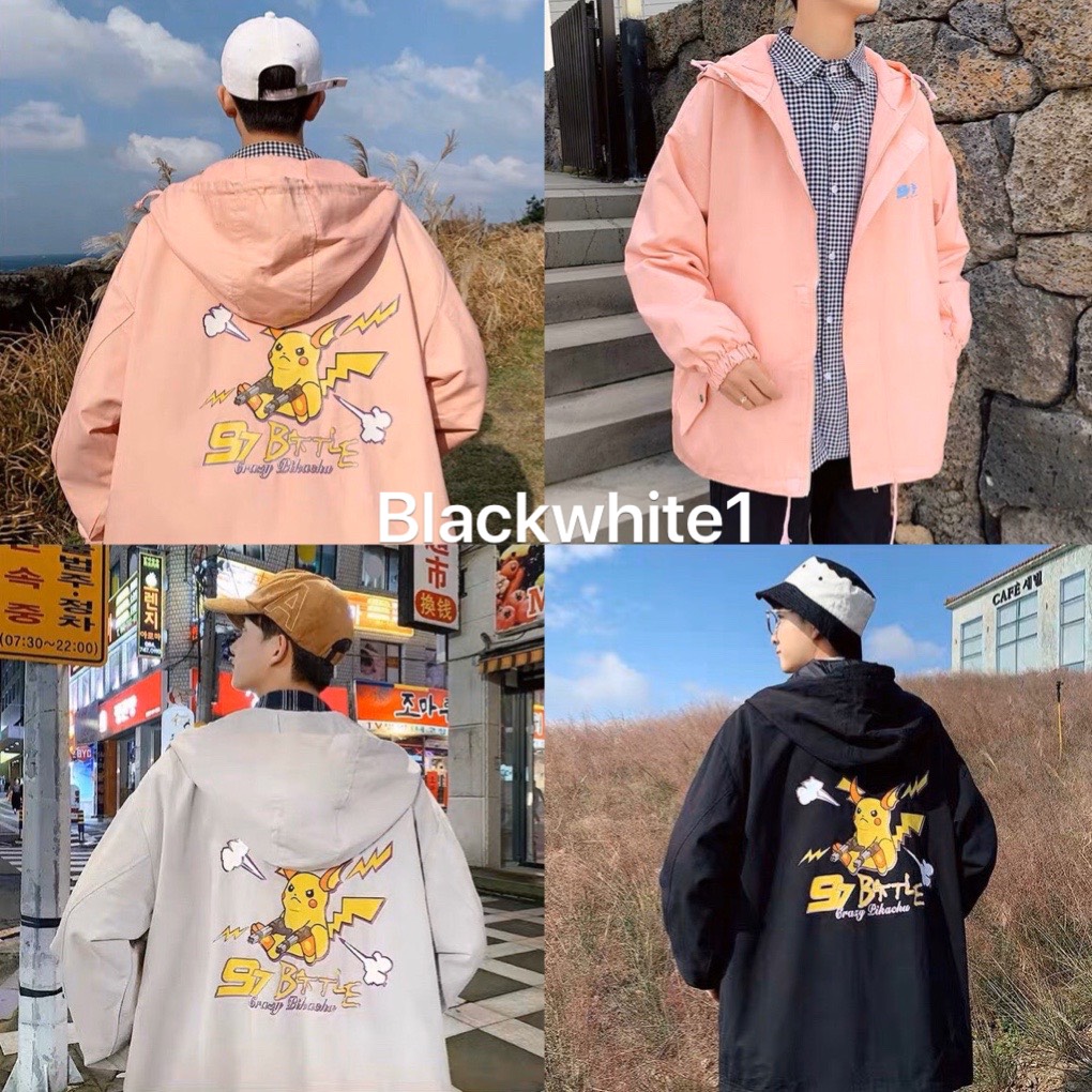 [HCM]Áo Khoác PIKA PIKACHU Dù Nam Nữ Unisex Cực Hot Trend Thời Trang Balckwhite1