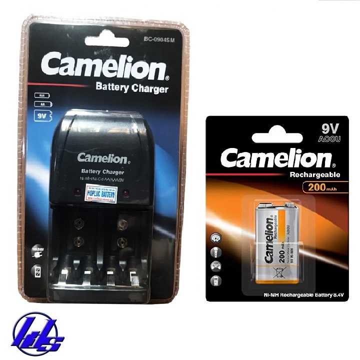 Bộ sạc pin aa, aaa, 9v camelion bc-0904sm kèm 1 pin sạc vuông 9v camelion nh-9v200bp1 200mah