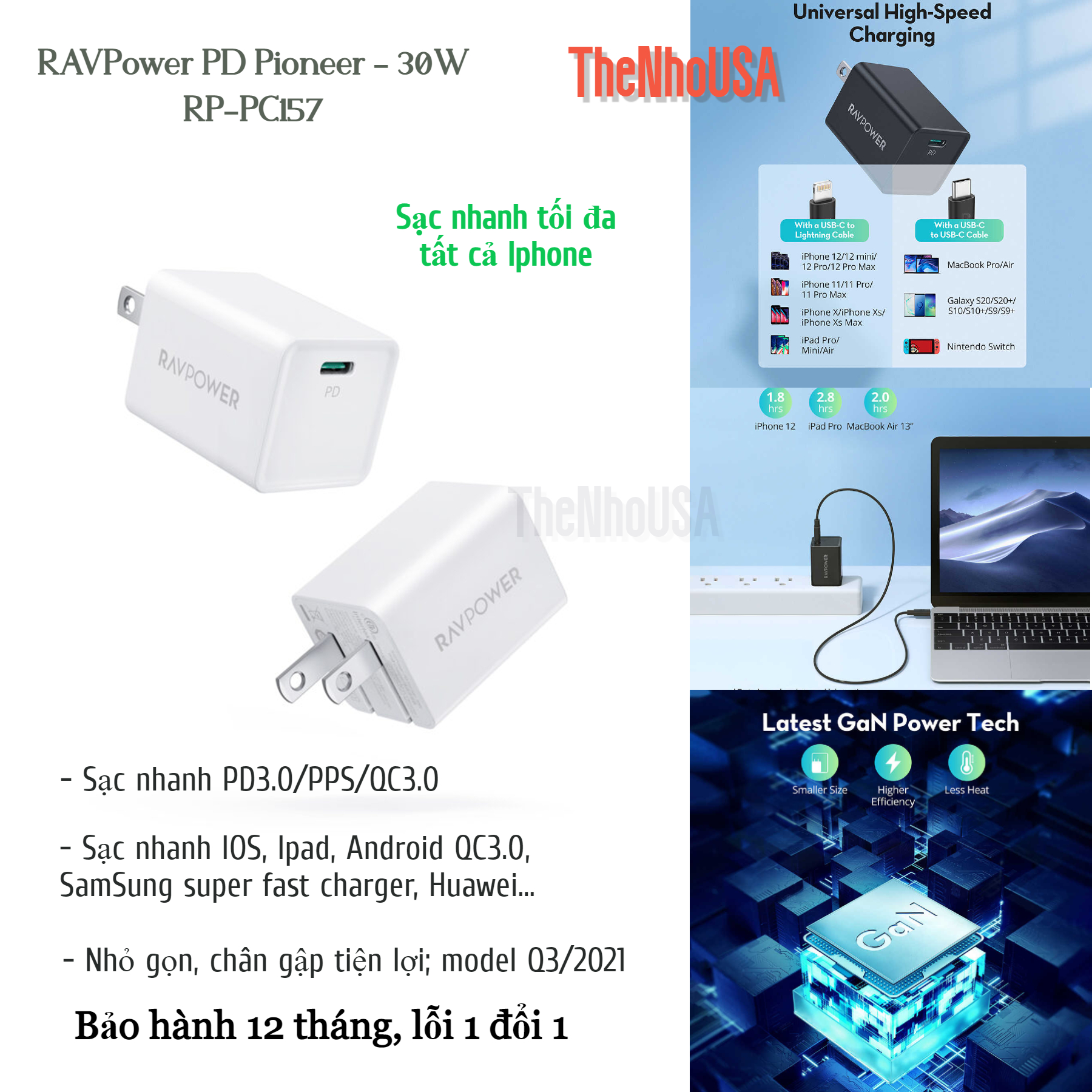 Củ sạc nhanh ravpower 30w - 1 cổng type c rp-pc157