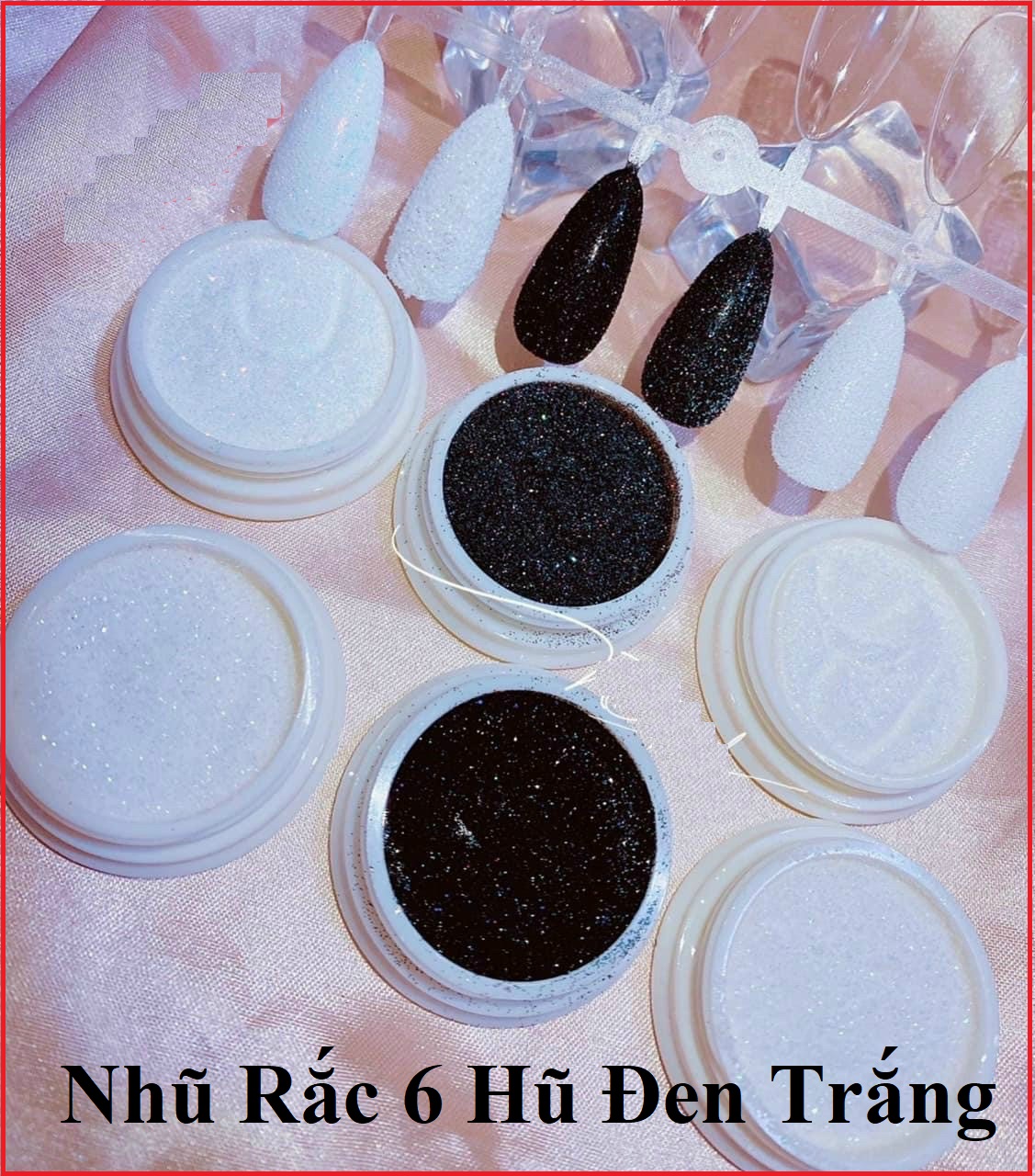 Set nhũ rắc đen trắng 6 hũ nhũ mịn nhũ trang trí móng Nail - sinailmi
