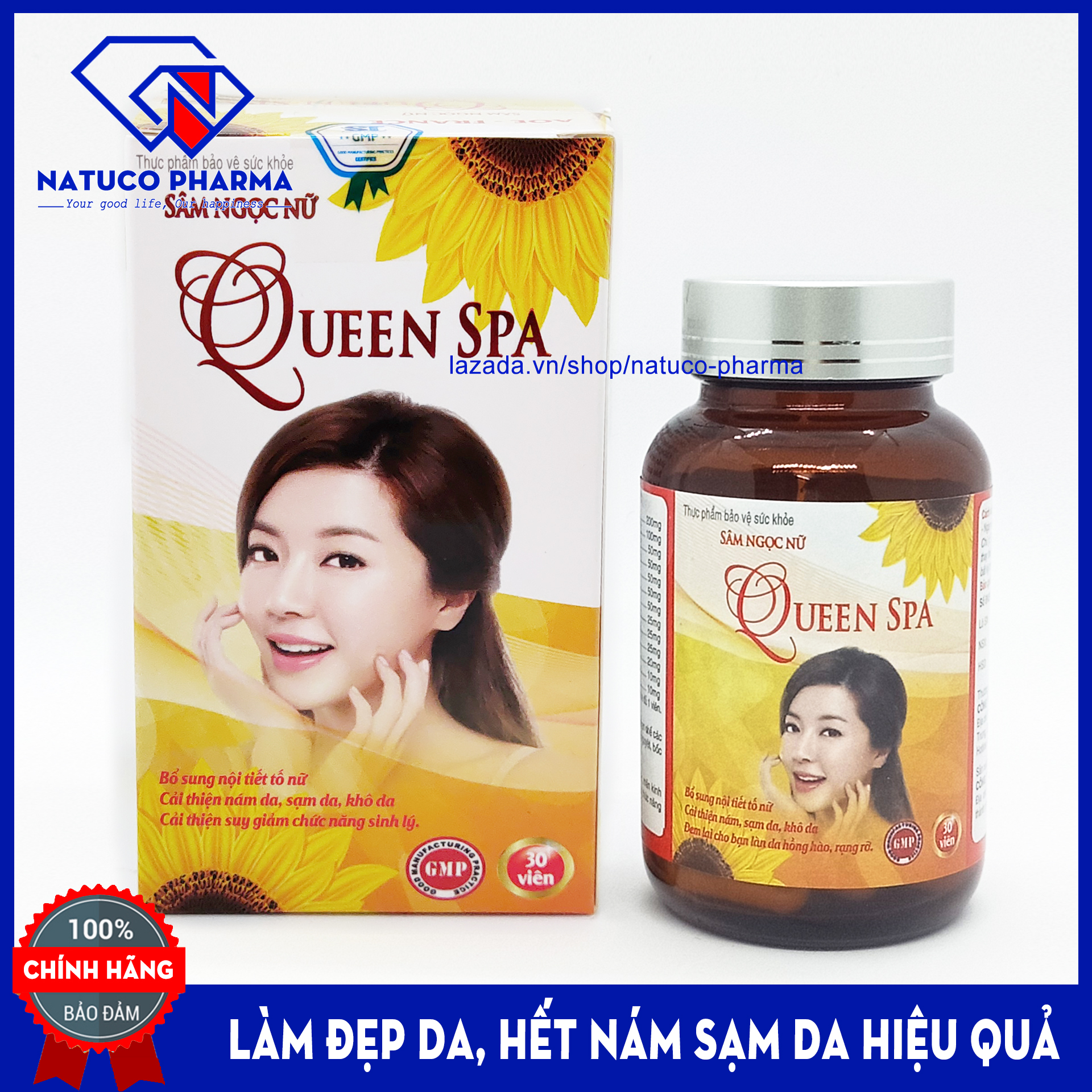 Combo 3 hôp·Viên uống đẹp da Sâm ngọc nữ Queen Spa - Hộp lọ 30 viên- thành phần từ thảo dược thiên nhiên -bổ sung Collagen, Vitamin, tinh chất mầm đậu nành giảm nám, sạm da, khô da, tăng cường nội tiết tố nữ