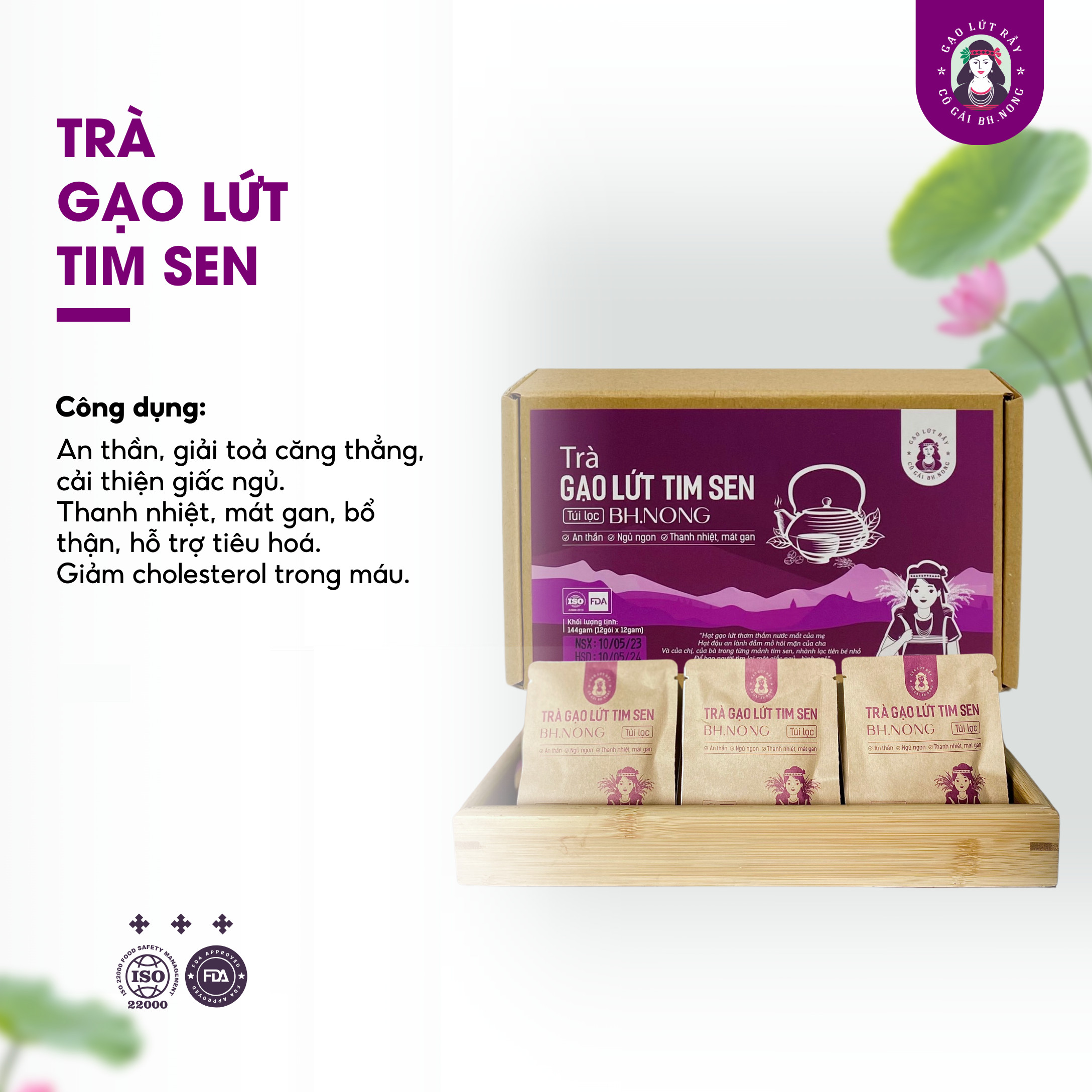 Freeship max - trà gạo lứt tim sen bh.nong hỗ trợ ngủ ngon, an thần, giảm căng thẳng, thanh nhiệt, mát gan - tâm an gạo lứt rẫy bh.nong