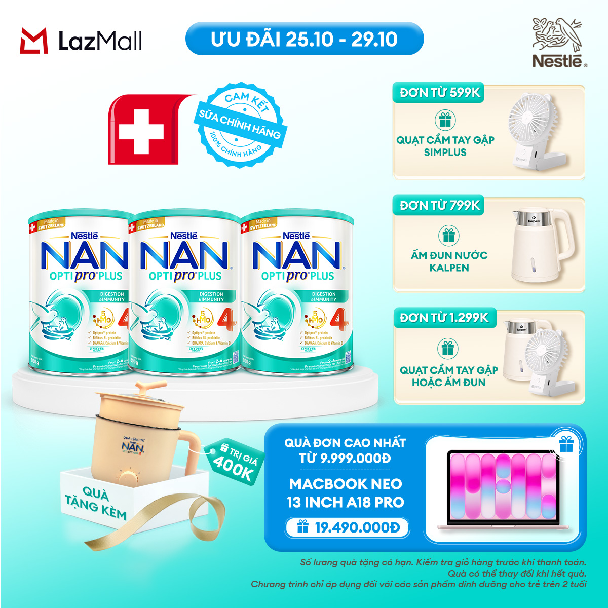 [CHỈ 25-29.10 QT ĐƠN 599K/799K/1299K] [Tặng nồi đa năng Gaabor] Combo 3 lon Sữa bột Nestlé NAN OPTIPRO PLUS 4 800g/lon với 5HMO Giúp tiêu hóa tốt + Tăng cường đề kháng