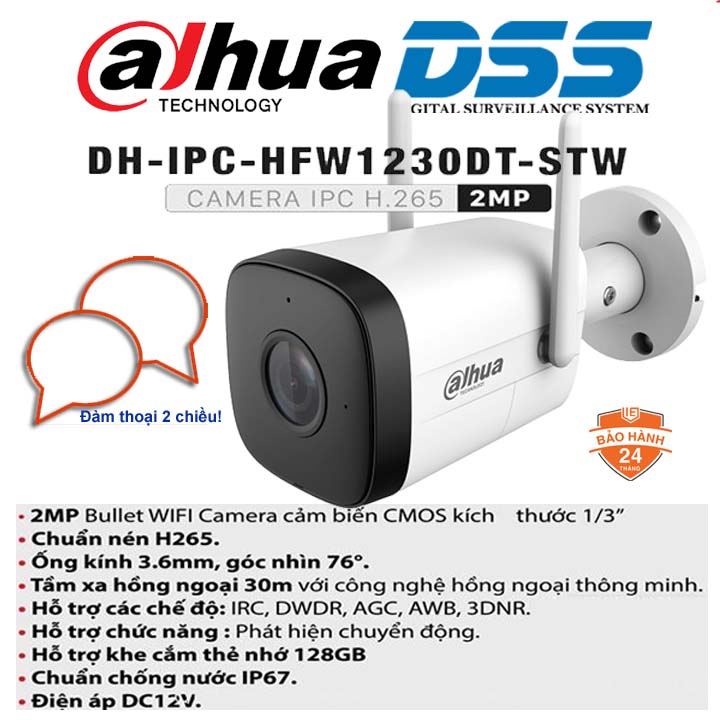 Camera IP Wifi 2MP có đàm thoại DAHUA DH-IPC-HFW1230DT-STW hàng chính hãng