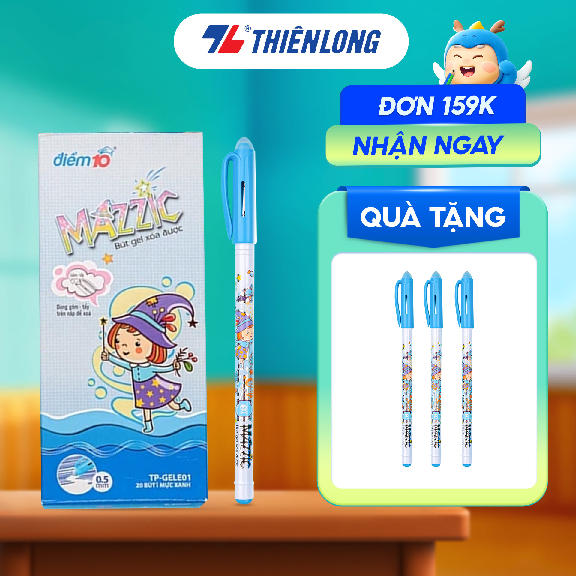 Combo 5/10/20 Bút Gel xóa được Thiên Long Mazzic TP-GELE01 ngòi 0.5mm mực xanh/đen/tím bút viết trơn mượt, có gôm trên nắp