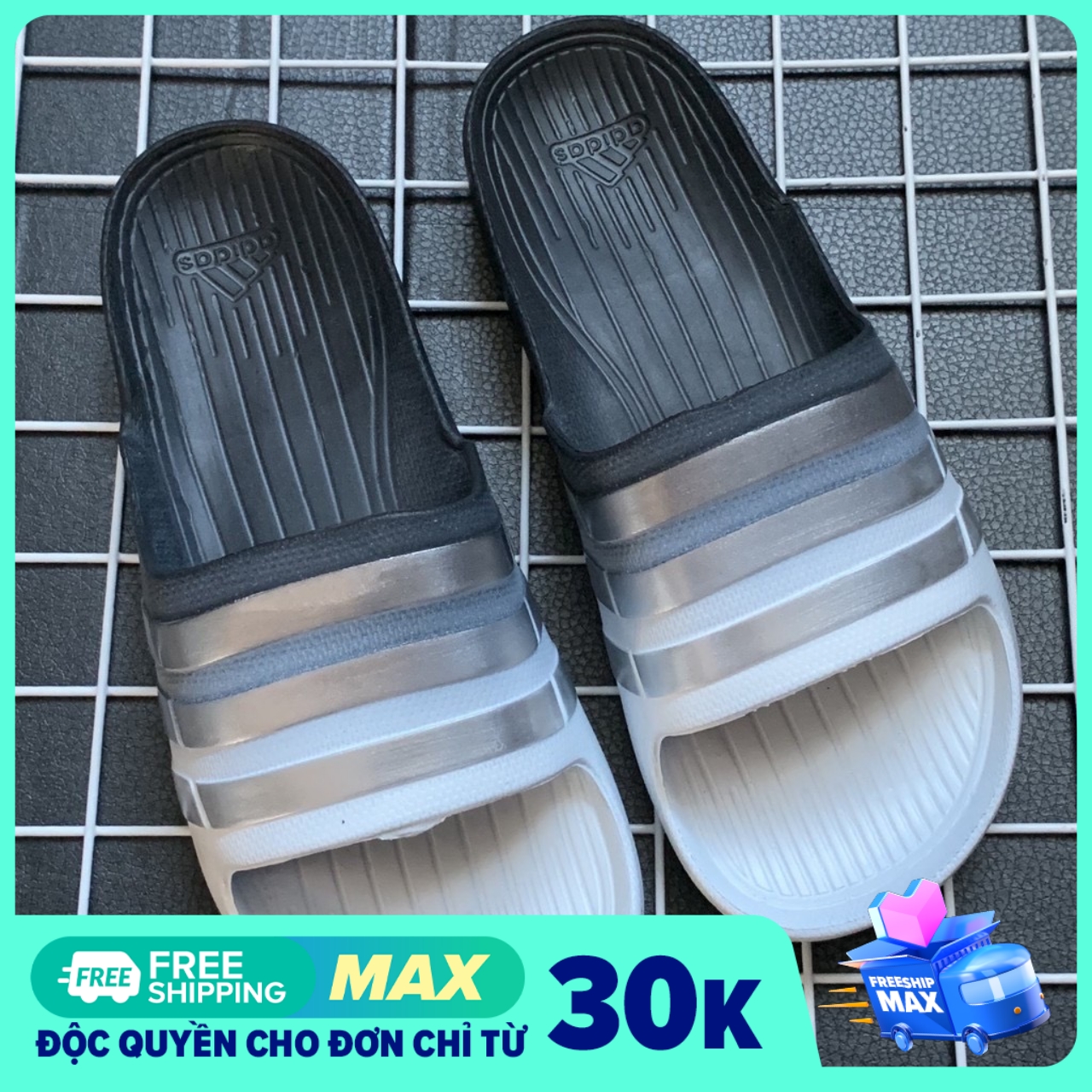 Dép Nam Đúc 3 Sọc Quai Ngang Adidas Duramo Marbled Hàng VNXK ( Hình Thật ) - Đế Phun Đen Trắng Sọc Bạc 20201009 010