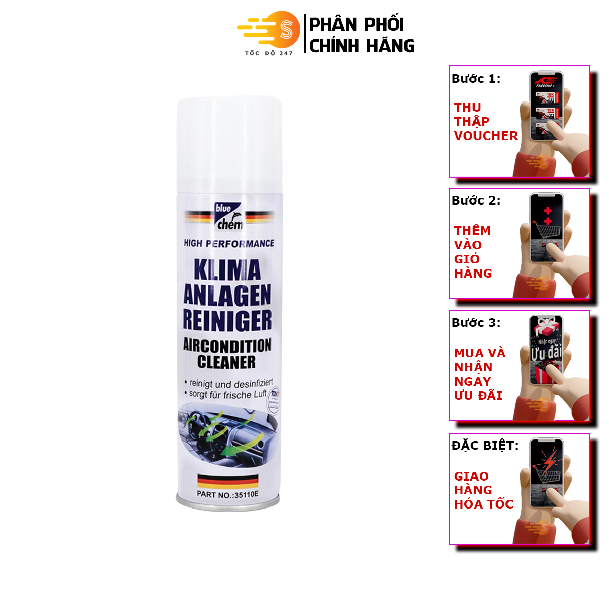 Chai xịt vệ sinh hệ thống điều hòa ô tô Bluechem 35110E - Tốc Độ 247 Làm sạch bụi bẩn và khử mùi hệ thống điều hòa trên ô tô