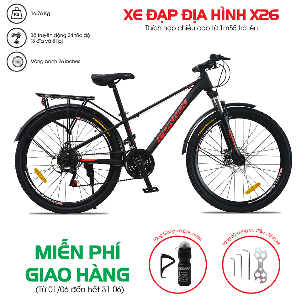 Xe đạp địa hình thể thao Fornix X26 - Vòng bánh 26 inch- Bảo hành 12 tháng (Tặng kèm Gọng và bình nước + Bộ dụng cụ lắp ráp)