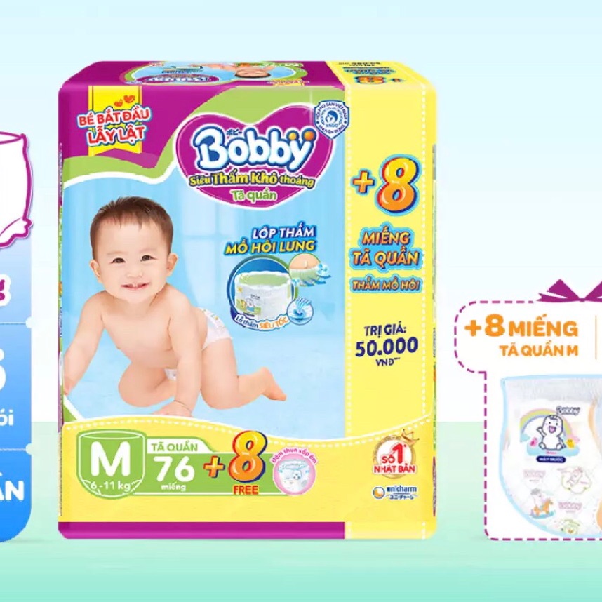 [Tặng 8 miếng] Tã/Bỉm quần Bobby đệm lưng thấm mồ hôi M76/L68/XL62/XXL56