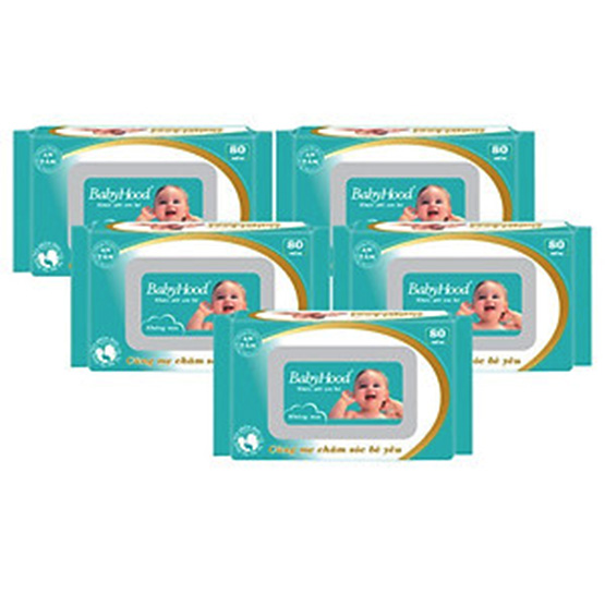 Combo 5 gói khăn ướt em bé baby hood không mùi loại 80 tờ/gói