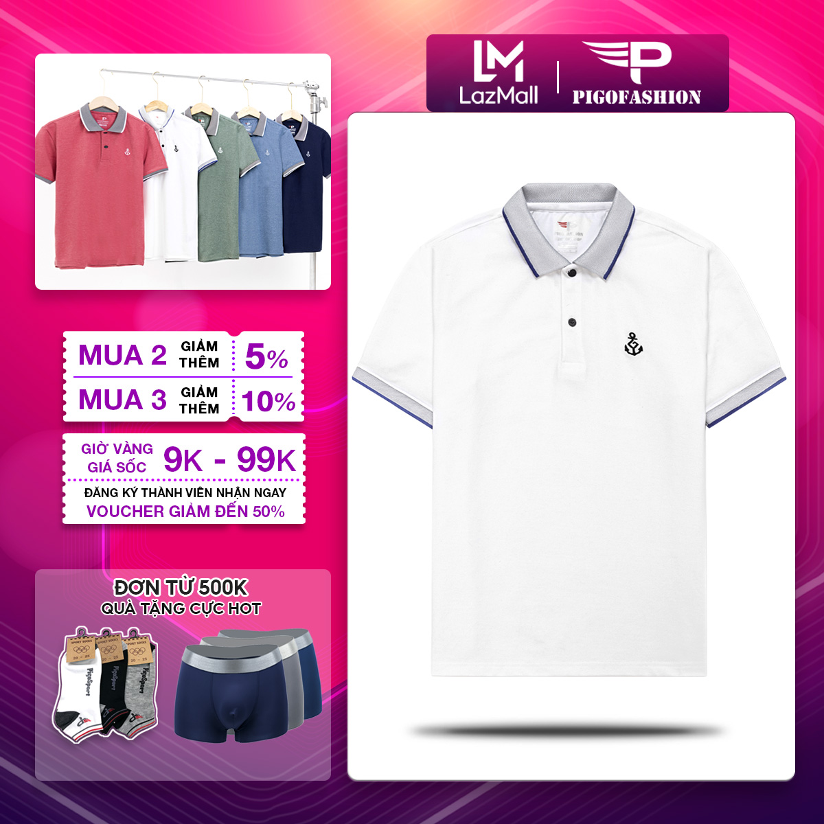 Áo Thun Nam Cổ Bẻ Lo Go Mỏ Neo Thương Hiệu Pigo Đẳng Cấp Aht08 (Trắng)