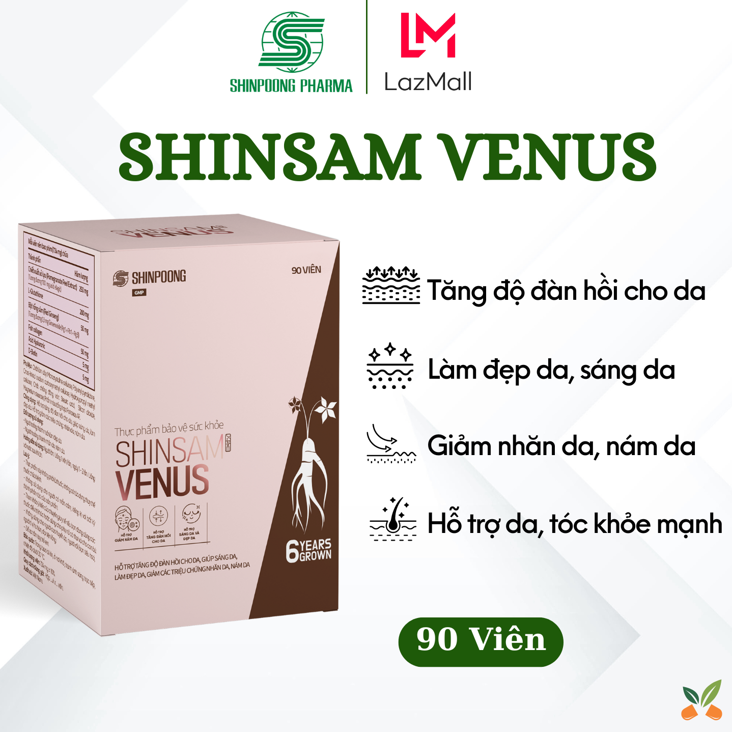 Viên Uống SHINSAM VENUS Hỗ Trợ Tăng Đàn Hồi Da, Giúp Sáng Da, Làm Đẹp Da, Giảm Nám Da, Nhăn Da - SHINPOONG (90Viên)