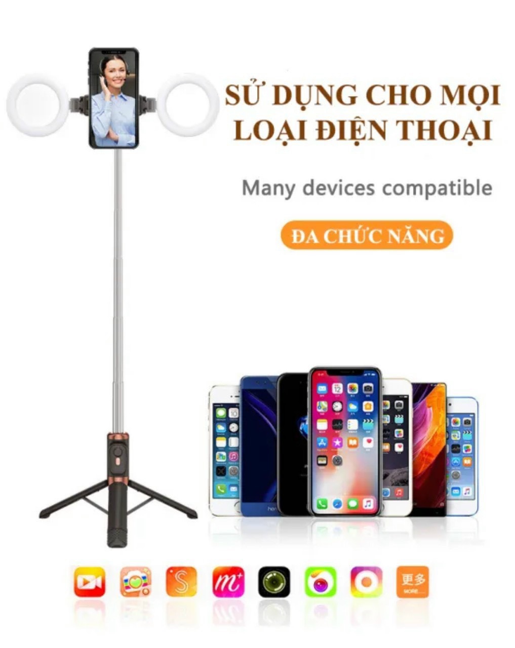 Gậy chụp ảnh tripod đa năng 3 chân JC18 bluetooth kèm điều khiển remote kéo dài 170cm, 2 đèn gắn gương