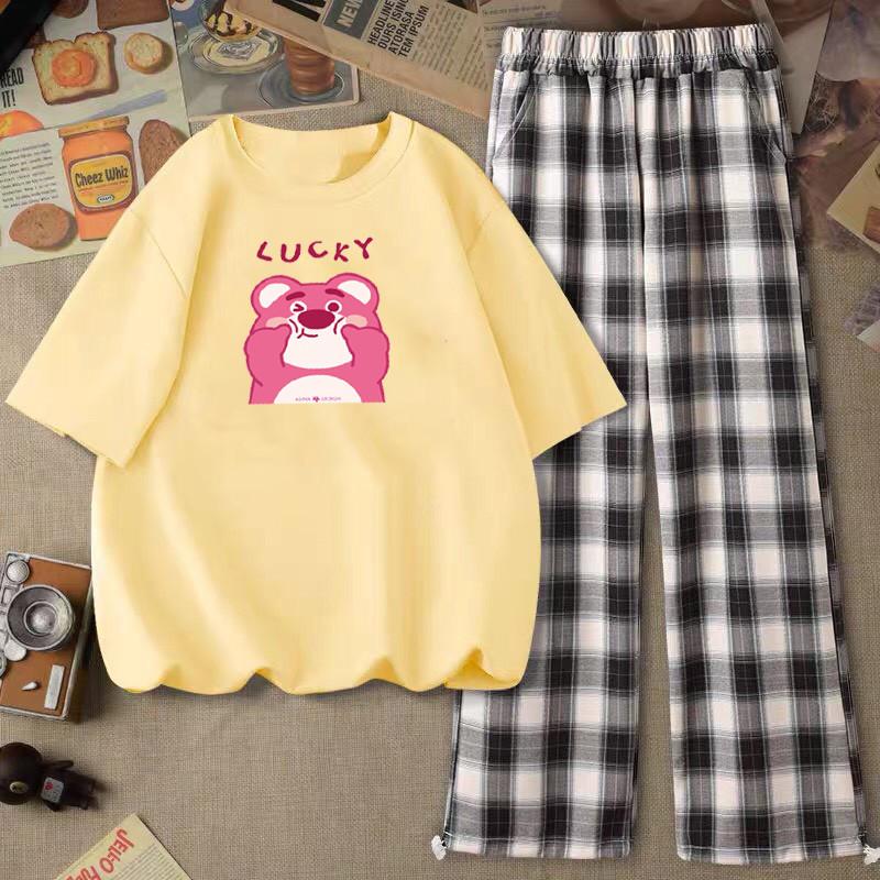 Sét áo phông Gấu lucky kèm quần kẻ Tay ngắn chất Cotton