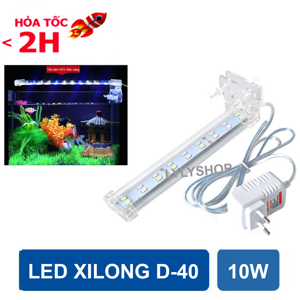 Đèn bể cá 50cm - 60cm xilong d40 công suất 10w, dài 42.5cm, dạng kẹp, ánh sáng trắng xanh cao cấp - đèn led kẹp bể cá