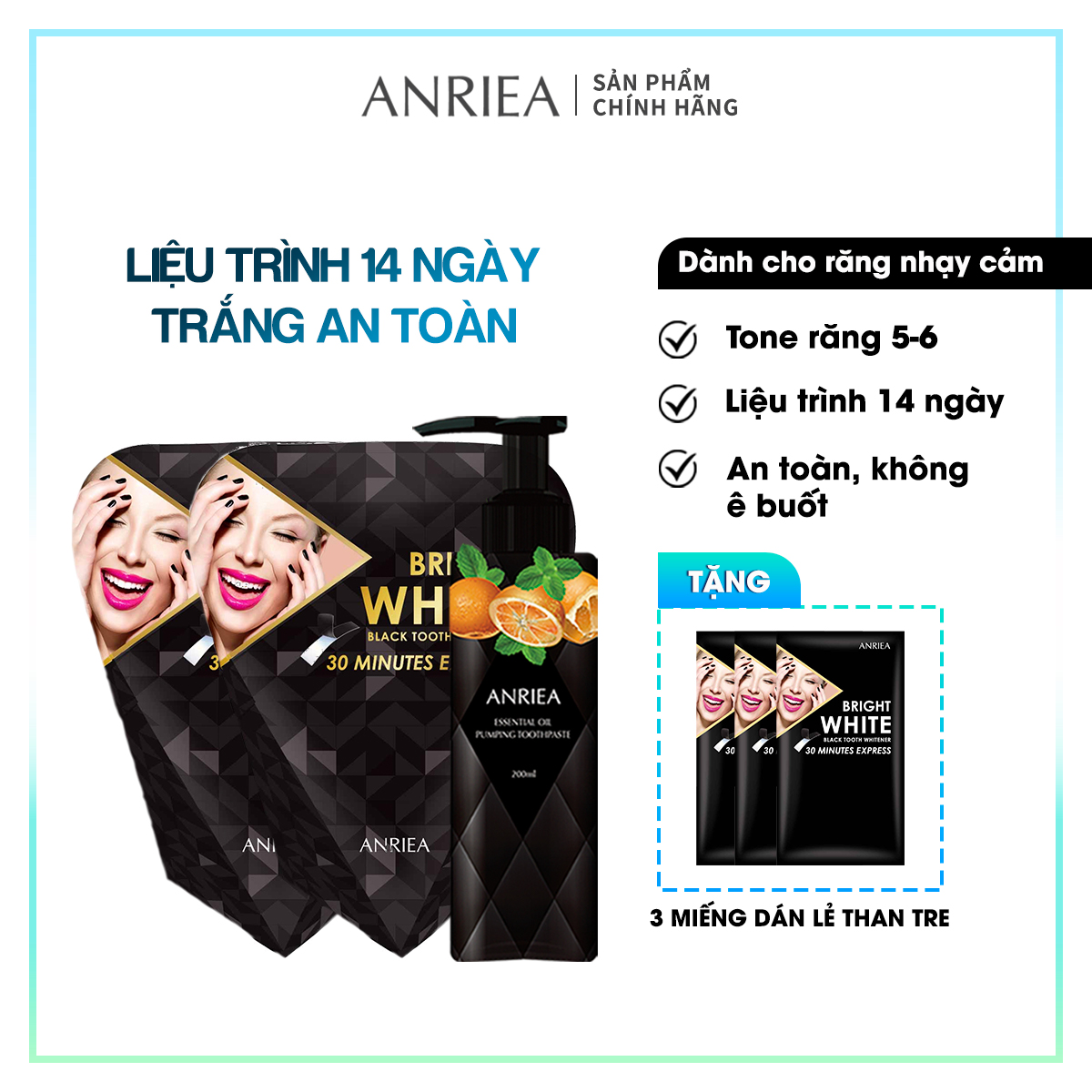 Miếng dán trắng răng anriea(hộp 7 days* 2 + 1 kem đánh răng cam -tặng 3 miếng dán trắng răng 2a02.a05.3a03