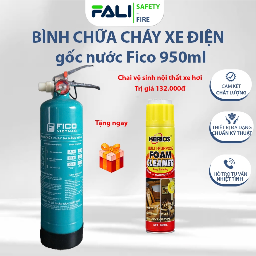 Bình chữa cháy XE ĐIỆN, bình cứu hoả mini gốc nước đa năng 950 ml vỏ thép FICO FC-101-WB