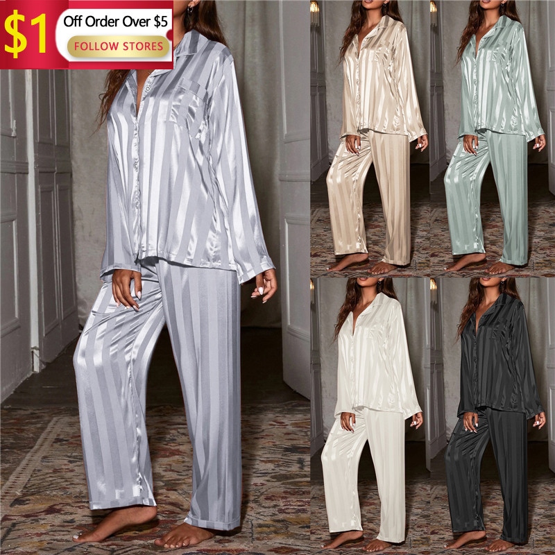 Women Pajama Sets Long Sleeve Top Trousers Silk Home Suit Spring Loose Cotton Casual Sleepwear Korean Pajamas Set