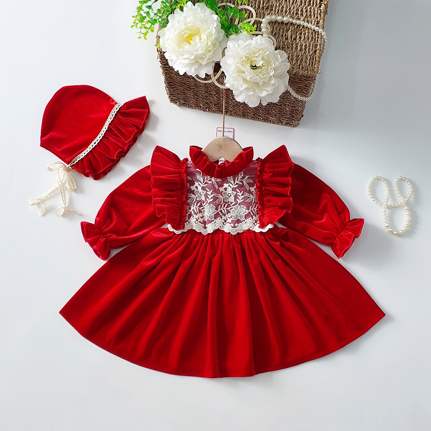 Đầm bé gái - Hàng thiết kế thu đông - Chất liệu nhung đỏ cao cấp - KÈM NÓN, Quần áo trẻ em, Váy bé gái siêu xinh cho mua noel, tết